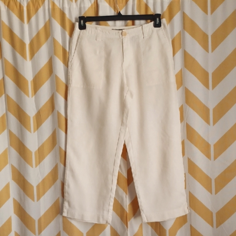 Eddie Bauer - 100% Linen Cream Wide Straight-Leg Ankle Pants With Pockets W6